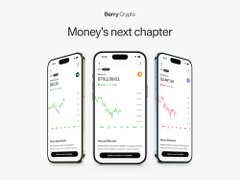 An advertisement graphic for 'Money's next chapter' features three smartphones showing stock chart interfaces from Berry Crypto.