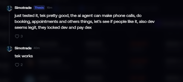 A screenshot of a Discord chat by user 'Simotrade' discussing 'tek,' mentioning it can make phone calls and bookings, with a second message simply stating 'tek works.'