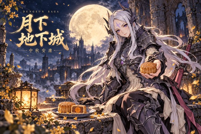 An anime-style illustration of Mithia, a silver-haired elven knight with a purple gem on her forehead, offering a mooncake beneath a full moon, with "Dungeon Saga" and the Chinese text "月下地下城 中秋安康" displayed in the upper left. The artwork complements the post about giving the hero a rare peaceful Mid-Autumn Festival evening, where her sword is set aside and mooncakes are shared instead.