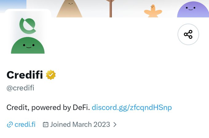 A Twitter/X profile for 'Credifi' (@credi-fi) with a verified checkmark describes itself as 'Credit, powered by DeFi' with a discord.gg link and shows joined March 2023.