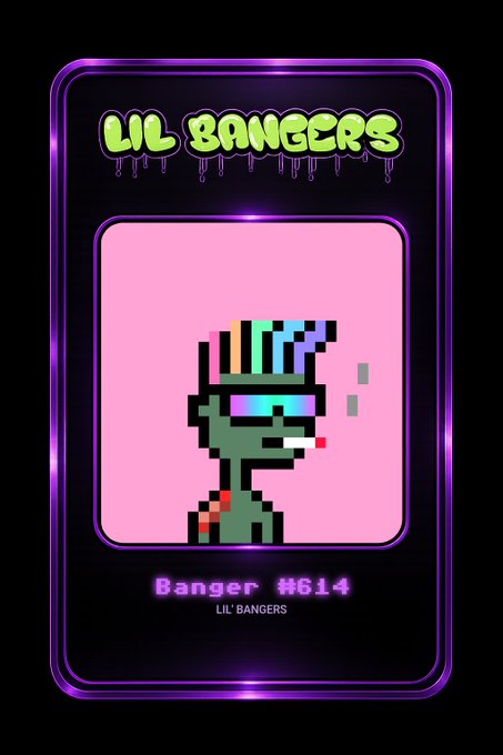 A neon-style digital trading card titled 'LIL BANGERS' featuring a pixel art zombie character with rainbow hair and sunglasses, labeled 'Banger #614'.