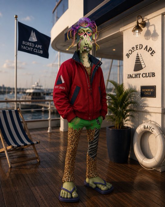 A digitally rendered, green-skinned character with colorful hair stands on a yacht deck wearing a red jacket and leopard print pants, next to a sign that reads 'BORED APE YACHT CLUB'.