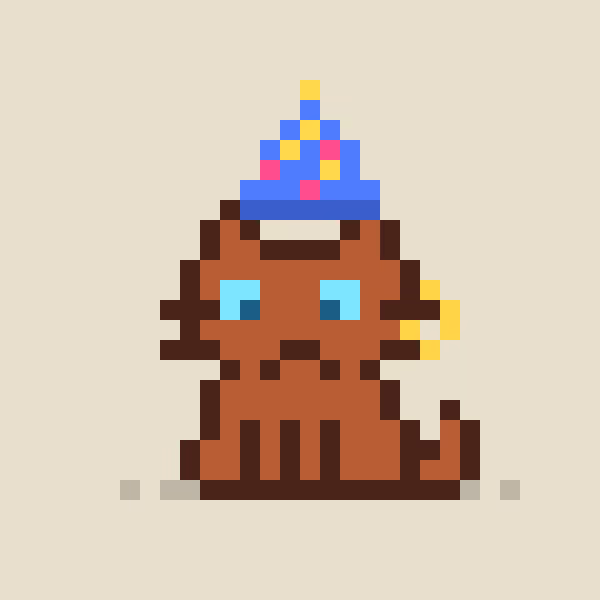A pixel art illustration of a brown cat character wearing a blue wizard hat with colorful stars and holding a yellow wand, set against a beige background.