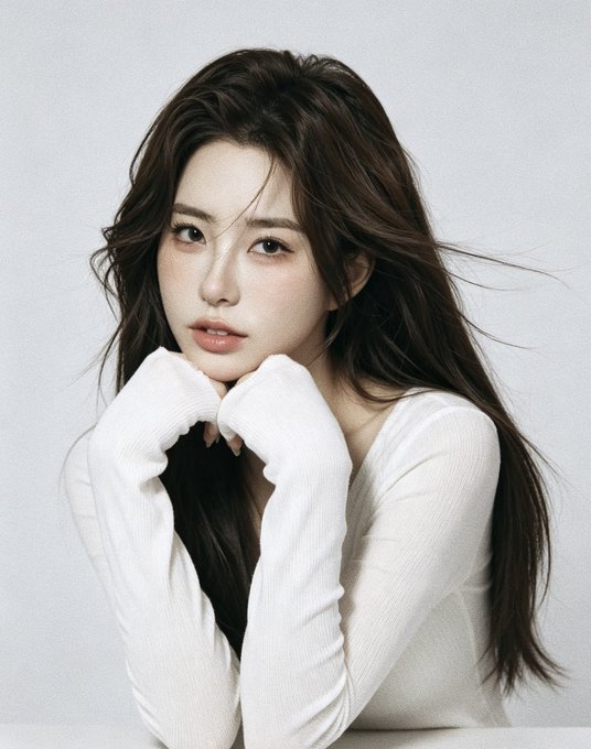 A young woman with long dark hair poses with her hands clasped under her chin, wearing a soft white sweater against a light gray background, complementing the introspective, personal tone of the post reflecting on turning 32 and her professional role in global branding and marketing at DI.