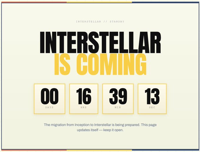 A countdown timer page titled 'INTERSTELLAR IS COMING' with 00 days, 16 hours, 39 minutes, and 13 seconds remaining.