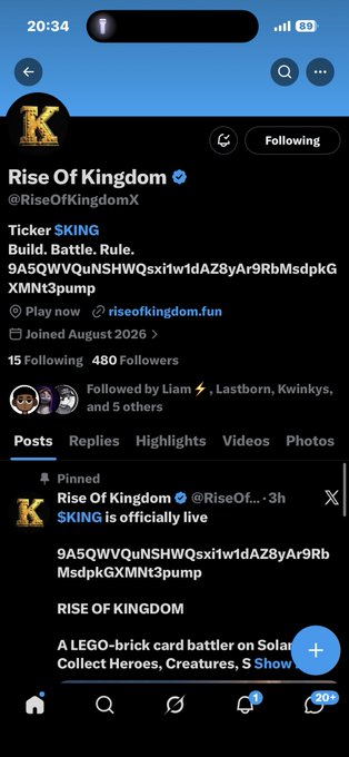 A Twitter/X profile page for 'Rise Of Kingdom' (@RiseOfKingdomX) showing a pinned tweet announcing '$KING is officially live' with contract address 9A5QWVQuNSHWQsxi1w1dAZ8yAr9RbMsdpkGXMNt3pump.
