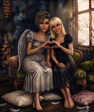 An AI-generated painting depicting two women sitting on a couch forming a heart shape with their hands, one with angel wings in a silver dress and the other with blonde hair in a dark dress, in a moody interior setting.