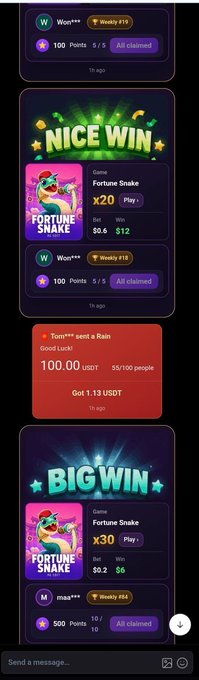 A mobile chatroom feed shows recent wins and activity from users, including a "Nice Win" of x20 ($9.6 win) and a "Big Win" of x30 ($9.2 win) on the Fortune Snake game, alongside a red rain notification where user tony got 1.13 USDT from a 100 USDT pool, with users holding weekly #19 and #84 streaks to promote an upcoming crypto rain event.
