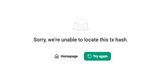 A cryptocurrency transaction lookup page displays the message "Sorry, we're unable to locate this tx hash," with options to return to the homepage or try again. The error suggests the poster is referencing a missing or unverified transaction, possibly symbolizing lost records or setbacks during their 6-year journey with Solana as a software developer turned crypto entrepreneur.
