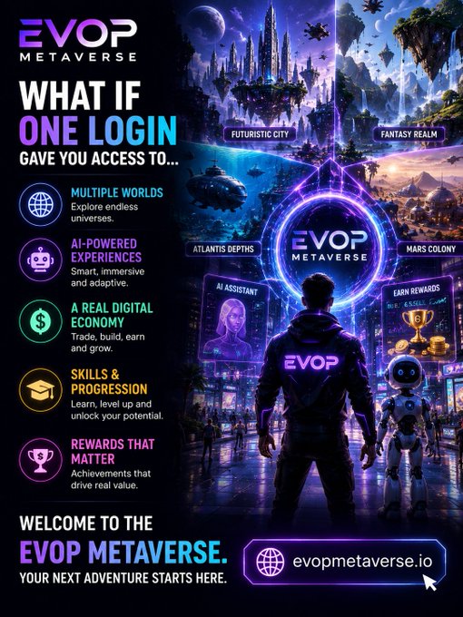 An advertisement for EVOP Metaverse showcasing multiple virtual worlds like Futuristic City, Fantasy Realm, Atlantis Depths, and Mars Colony, with features including AI-Powered Experiences, Digital Economy, Skills & Progression, and Rewards, directing users to evopmetaverse.io.