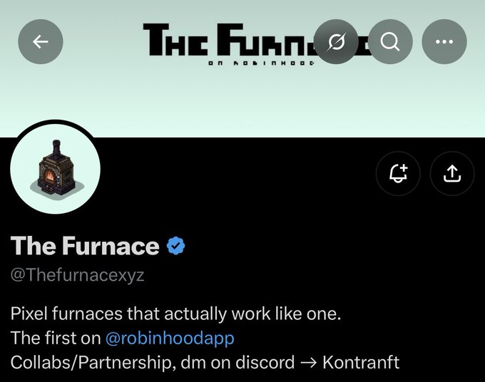 A Twitter/X profile page for "The Furnace" (@Thefurnacexyz), a verified account promoting pixel furnace NFTs as "the first on @robinhoodapp," with a bio featuring a small pixel-art furnace icon and contact info for collaborations via Discord (Kontranft). The post describes the project as a working pixel furnace NFT on Robinhood's app, where minting activates "The Forge" to create an ERC-6551 token-bound wallet linked to each NFT.