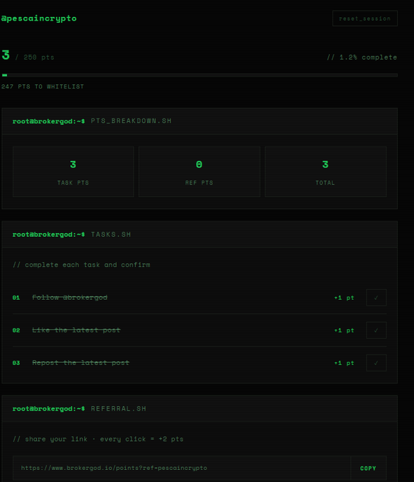 A dark-themed dashboard interface for '@pescaincrypto' shows 3 points earned from tasks, with progress bars indicating '247 PTS TO WHITELIST' and sections for 'TASK PTS BREAKDOWN.SH' and 'TASKS.SH'.