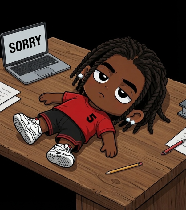The image features a cartoon character lying down at a desk with a laptop computer open next to them. The character has dreadlocks and is wearing a red shirt, black shorts, white sneakers, and earrings. There are also pencils on the desk in front of the character.