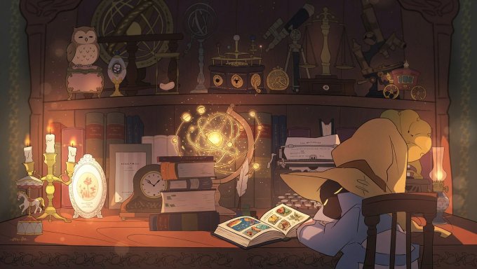 A cozy, magical illustration of a character with blonde hair and a large wizard hat sitting in a chair reading a book at a cluttered desk illuminated by candles, with a glowing magical circle and shelves full of curiosities behind them.