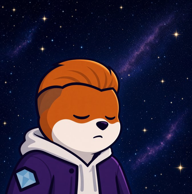 A digital illustration of a sad Shiba Inu dog wearing a purple hoodie, set against a starry night sky background.