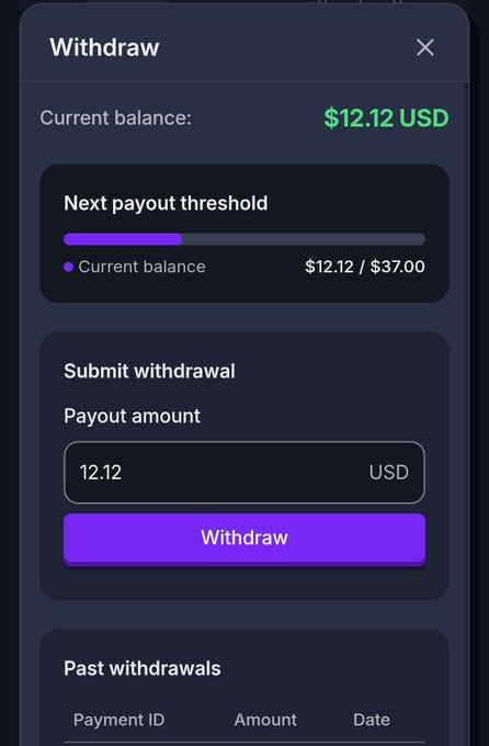 Mobile app withdrawal screen showing a current balance of $12.12 USD with a $37.00 payout threshold, displaying a "Submit withdrawal" section with a purple Withdraw button.