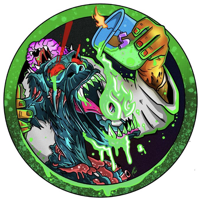 A colorful illustration depicts a snarling werewolf-like creature being doused with glowing green liquid poured from a cup by a hand, with a brain exposed through its skull.