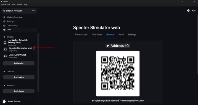 A screenshot of the Specter Wallet Desktop application on PC showing the "Specter Simulator web" wallet selected in the left sidebar, with its Receive tab displaying "Address #0" and a QR code (bc1q3e52hpe8f1hc9d3dhf7v309wnkpxbs7mx3zmv) for the simulator currently being developed. The image illustrates the successful connection between the in-development Specter Simulator web app and the Specter Wallet Desktop via simulated USB.