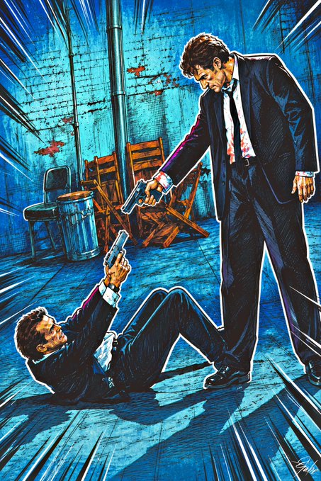 A stylized comic-style illustration depicting a tense standoff in a blue-lit alleyway, where a man on the floor points a gun up at another man in a suit who is pointing a gun down at him.
