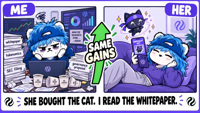 A cartoon meme contrasts "ME" stressed over crypto documents (whitepaper, tokenomics, SEC filing) with "HER" relaxing while holding a phone showing a cat NFT, captioned "SAME GAINS" and "SHE BOUGHT THE CAT. I READ THE WHITEPAPER."