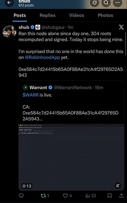 The image is a screenshot of an X (formerly Twitter) post from user "shub" (@shubgaur) announcing that he ran a node alone for "304 roots," recompiled and signed it, and expressed surprise that no one else has done the same for $WARR on @RobinhoodApp, displaying a contract address starting with 0xe584c7d24415b65A0F88Ae31cA4f29765D2A5. The accompanying caption criticizes "shub" for "openly shilling a scam," suggesting the post is being viewed as a promotional or fraudulent endorsement of the $WARR token.