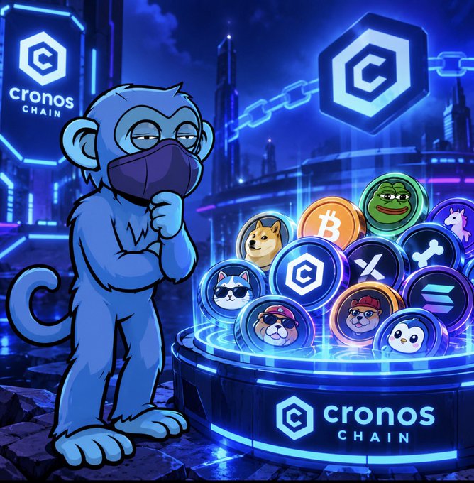 A vibrant, neon-colored digital illustration featuring a blue monkey character wearing a black face mask. The monkey stands next to a platform labeled 'cronos CHAIN' displaying various cryptocurrency coins, including Doge, Bitcoin, and Pepe, against a futuristic blue city background.