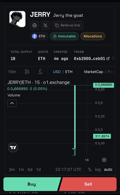 A cryptocurrency trading interface for 'JERRY Jerry the goat' token on Immutable, showing a price chart with JERRY/ETH at 0.666890 and Buy/Sell buttons.