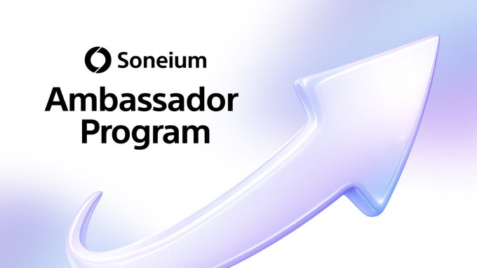 A promotional graphic for the 'Soneium Ambassador Program' featuring a stylized translucent arrow pointing upward against a soft purple and white background.