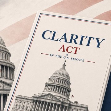 A promotional graphic titled "CLARITY ACT IN THE U.S. SENATE" featuring an image of the U.S. Capitol building against a faded American flag backdrop. The image visually represents the post's mention of the upcoming CLARITY Act vote, one of several converging market-moving events highlighted for the week ahead.