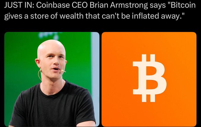 A news graphic featuring Coinbase CEO Brian Armstrong on a green background alongside the orange Bitcoin logo, with the headline: "JUST IN: Coinbase CEO Brian Armstrong says 'Bitcoin gives a store of wealth that can't be inflated away.'"