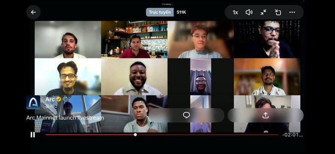 A YouTube livestream screenshot showing a video call grid with multiple participants, titled 'Arc Mainnet launch livestream' by 'Truic tuyển' with 511K viewers.