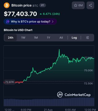 A CoinMarketCap screenshot showing the Bitcoin (BTC) price at $77,403.70, up 6.47% in 24 hours, with a green upward-trending chart.