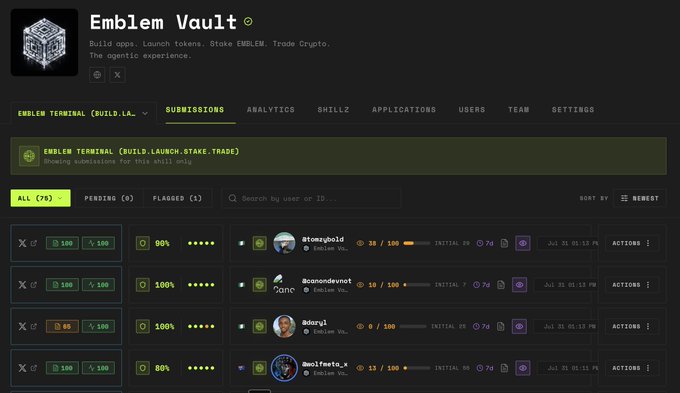 Screenshot of the Emblem Vault dashboard on the 'Submissions' tab, showing 79 entries in 'ALL' with user data including usernames like @stonyhold, @conandevnot, and @doorzj.