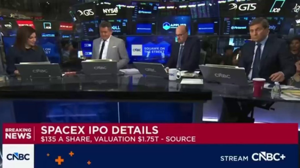 The image is a screenshot of a news report that is about an upcoming event related to the space industry, specifically about a company called SpaceX launching some shares of its IPO. The report provides details such as the total amount of the IPO, the estimated value of the shares, and the potential investors who can buy them. The conversation among people attending this event seems to be focused on these financial aspects, indicating that it is likely a discussion around investment opportunities in the space sector.
