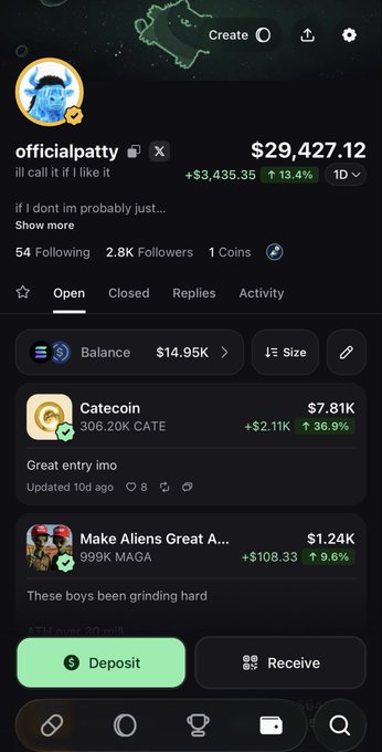 A screenshot from the pump.fun app shows user "officialpatty" with a portfolio balance of $14.95, featuring Catecoin ($7.81K, +36.9%) and Make Aliens Great Again ($1.24K, +9.6%). The post highlighting $CATE's strong performance aligns with the prominent Catecoin entry displayed at the top of the user's holdings.