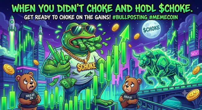 A colorful crypto meme illustration with text 'WHEN YOU DIDN'T CHOKE AND HODL $CHOKE. GET READY TO CHOKE ON THE GAINS! #BULLPOSTING #MEMECOIN' featuring an anthropomorphic frog in sunglasses, cash, green candlestick charts, a bull, and bears wearing 'SOLD AT 2X' shirts.