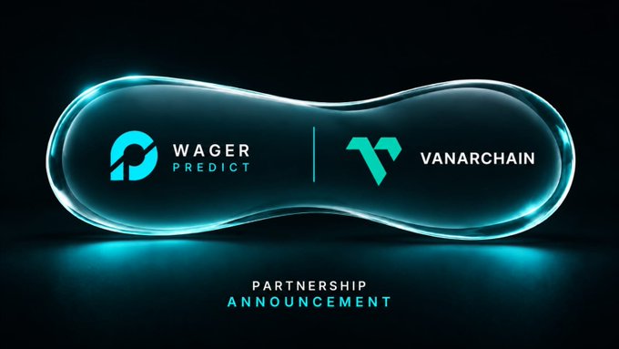 The image features a sleek, capsule-shaped graphic with the logos of "Wager Predict" and "Vanarchain" side by side, connected to symbolize their collaboration. Below the logos, text reads "PARTNERSHIP ANNOUNCEMENT," visually reinforcing the post about Wager's prediction market ecosystem integrating with Vanarchain's on-chain infrastructure for AI Organizations.