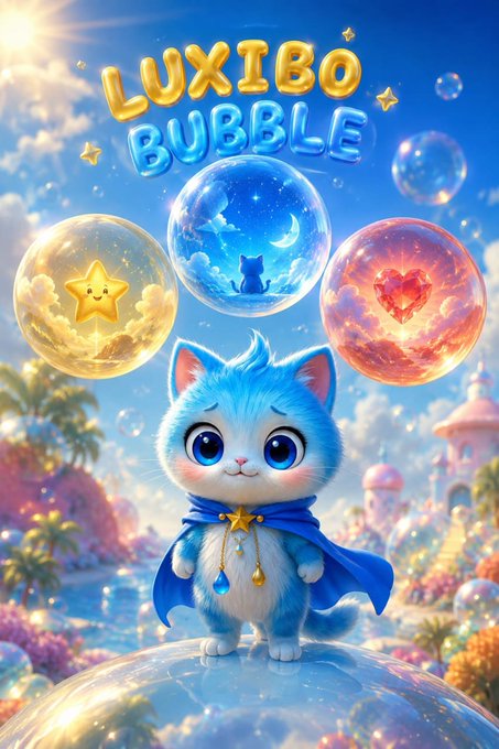 The image features a cute blue cat character wearing a cape, standing on a large bubble beneath three dream orbs containing a smiling star, a moonlit cat silhouette, and a glowing heart, with the text "LUXIBO BUBBLE" displayed at the top—visually representing the launch announcement of the $Luxibo Bubble token on BNB Smart Chain, where each bubble symbolizes an emotion or dream preserved in this whimsical, fantasy world.