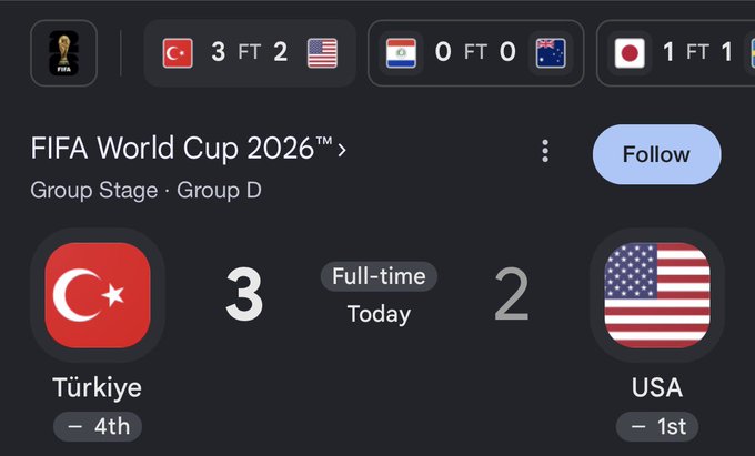 The image displays a FIFA World Cup 2026 Group Stage result showing Türkiye defeating the USA 3-2 in a full-time match, with Türkiye in 4th and the USA in 1st place. This relates to the post, which jokingly references a high-stakes bet involving swapping crypto (SOL for AVAX) if the Turkish team beats the American team.