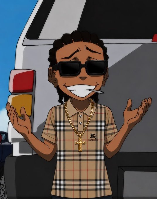 A cartoon-style illustration shows a smiling dark-skinned character with braided hair, wearing black sunglasses, a Burberry checkered polo shirt, and a large gold cross necklace, while holding a cigarette.