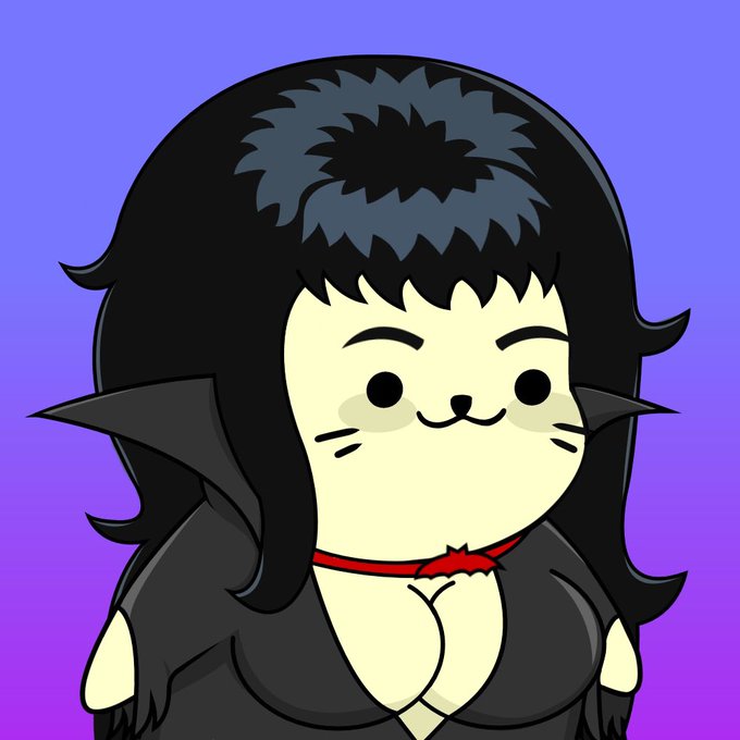 A cute cartoon illustration of a character with fluffy black fur, pale skin, dot eyes, a tiny smile, and a red ribbon tied around its neck, set against a solid purple background.