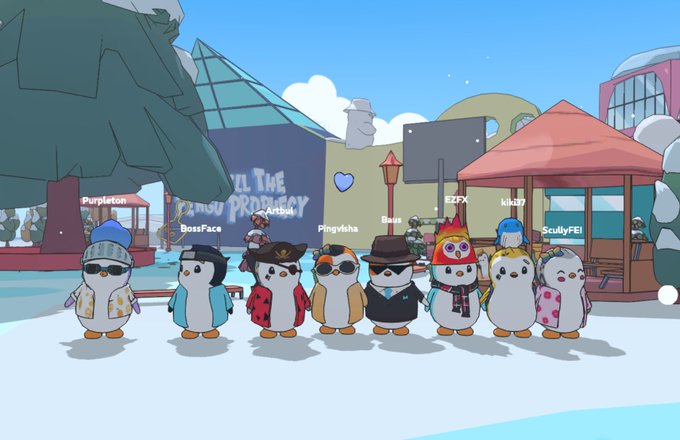 A screenshot from a virtual penguin game shows a row of customized penguin avatars standing in a snowy town square with player names like 'Pingyisha', 'BossFace', and 'SculdyFEI' floating above them.