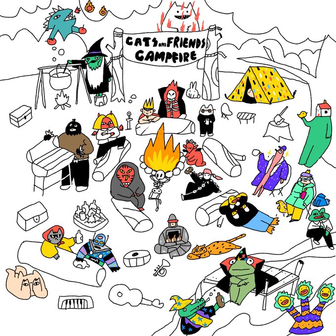 A whimsical illustration depicts a lively campsite scene titled "CATS AND FRIENDS CAMPFIRE," featuring a diverse cast of cartoon characters—including cats, frogs, ghosts, robots, a witch, and a skeleton—gathered around a bonfire, roasting marshmallows, sitting in tents, and lounging on logs and benches. The image ties to the post by showcasing the "Cats and Friends" characters enjoying a festive campfire party together.
