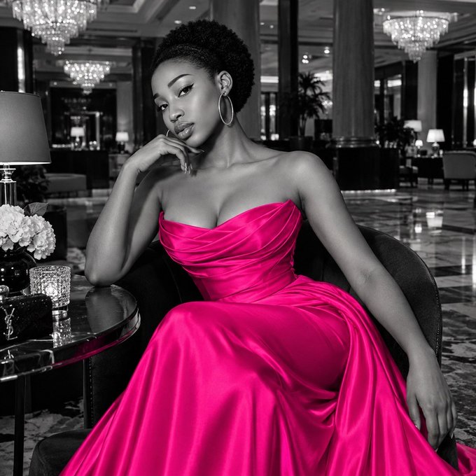 A black and white photograph of a woman wearing a vibrant pink strapless gown, seated in a luxurious lounge setting with chandeliers in the background.