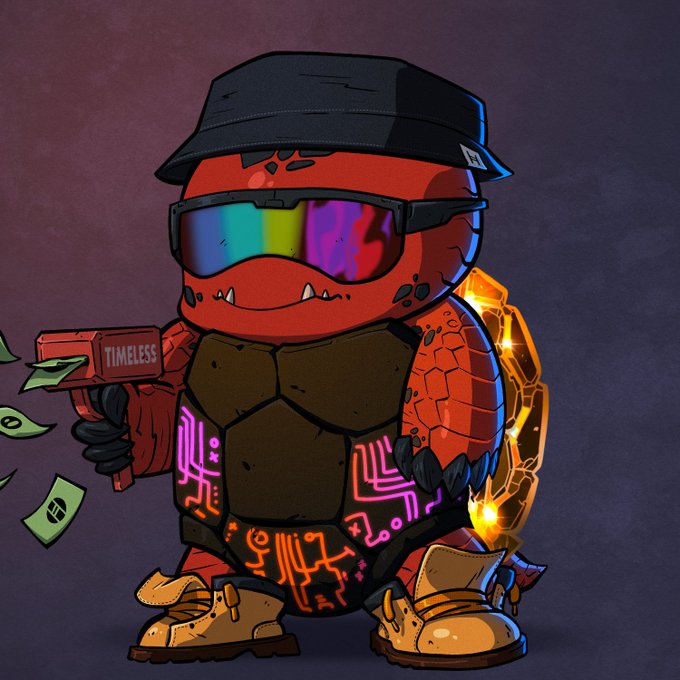 A stylized cartoon illustration of a red, reptilian creature donning a black bucket hat, iridescent visor goggles, work boots, and a tactical vest displaying glowing neon circuit designs, while holding a 'TIMELESS' branded gun that sprays money.