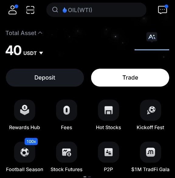 A cryptocurrency trading app interface showing a total asset balance of 40 USDT, with options for Oil (WTI) trading, Deposit, Trade buttons, and menu items including Rewards Hub, Fees, Hot Stocks, and Kickoff Fest.