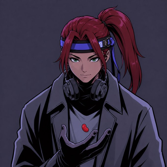 An anime-style illustration of a red-haired character with a high ponytail, wearing a dark coat over a black shirt with a red logo, and headphones around their neck, looking at a small red object in their hand.