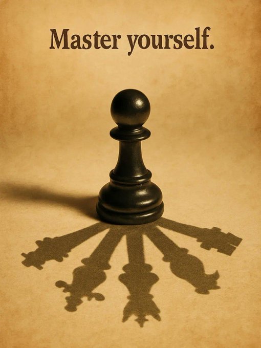 A motivational poster featuring a black chess pawn with the text 'Master yourself.', casting a shadow of multiple chess pieces.