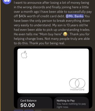 The image shows a social media post celebrating a member's success story, featuring a screenshot of an Apple Card balance showing "$0.00" with the message "Nothing to Pay," alongside text crediting "Mr. Banks" for paying off a $40k credit card debt through trading lessons. This testimonial-style image supports the accompanying post's claims about members achieving debt freedom and financial milestones, serving as promotional proof for the trading community being advertised.