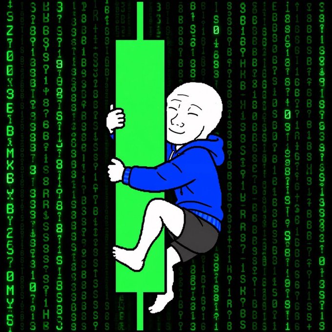 A barefoot cartoon figure in a blue hoodie joyfully hugs a green candlestick resembling a financial chart, set against a backdrop of falling Matrix-style green code, symbolizing a deep love for trading or cryptocurrency markets—matching the "true love" theme of the post.